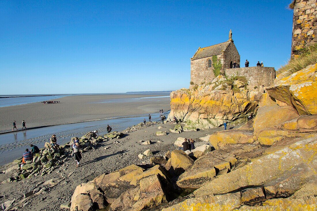 France, Manche, Baie du Mont Saint Michel listed as World Heritage by UNESCO, the chapel Saint Aubert dating from the 12th century on the Mont Saint Michel