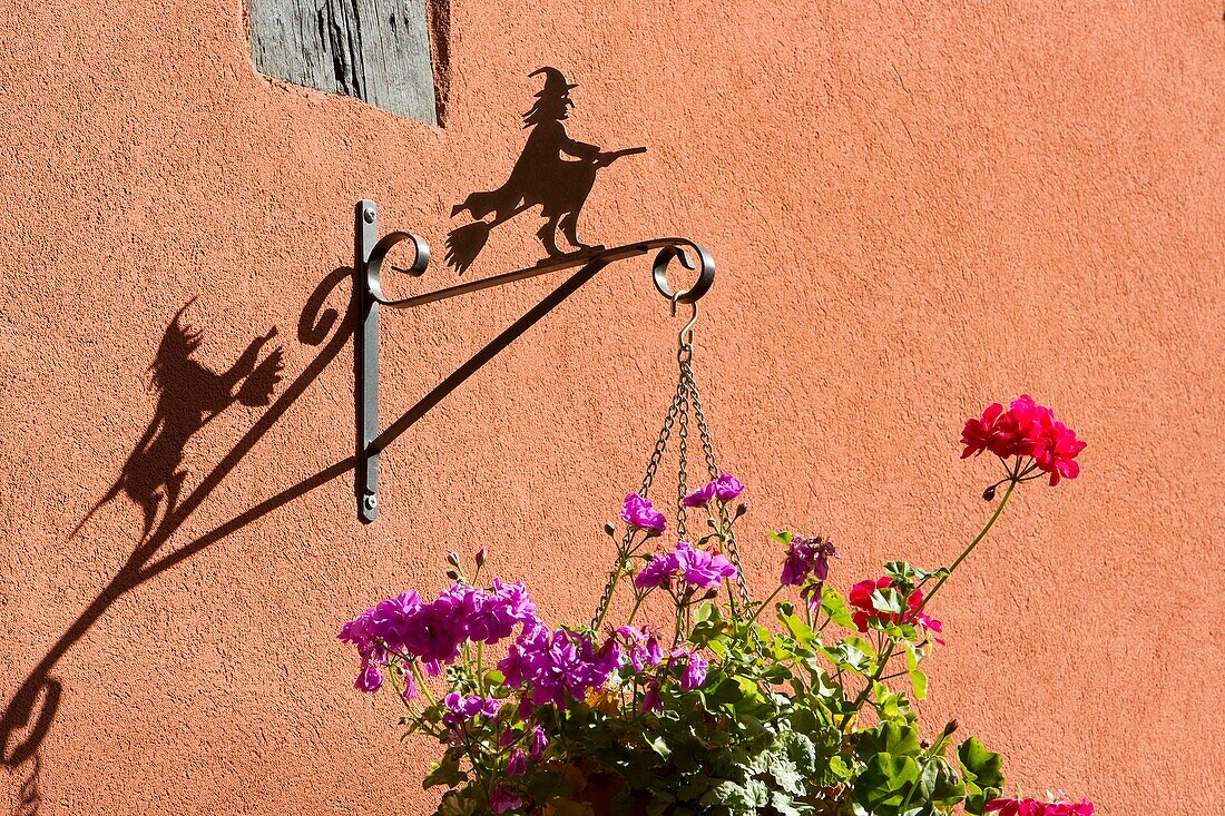 France, Haut Rhin, Route des Vins d'Alsace, Eguisheim labelled Les Plus Beaux Villages de France (One of the Most Beautiful Villages of France), detail of a facade in Remparts street