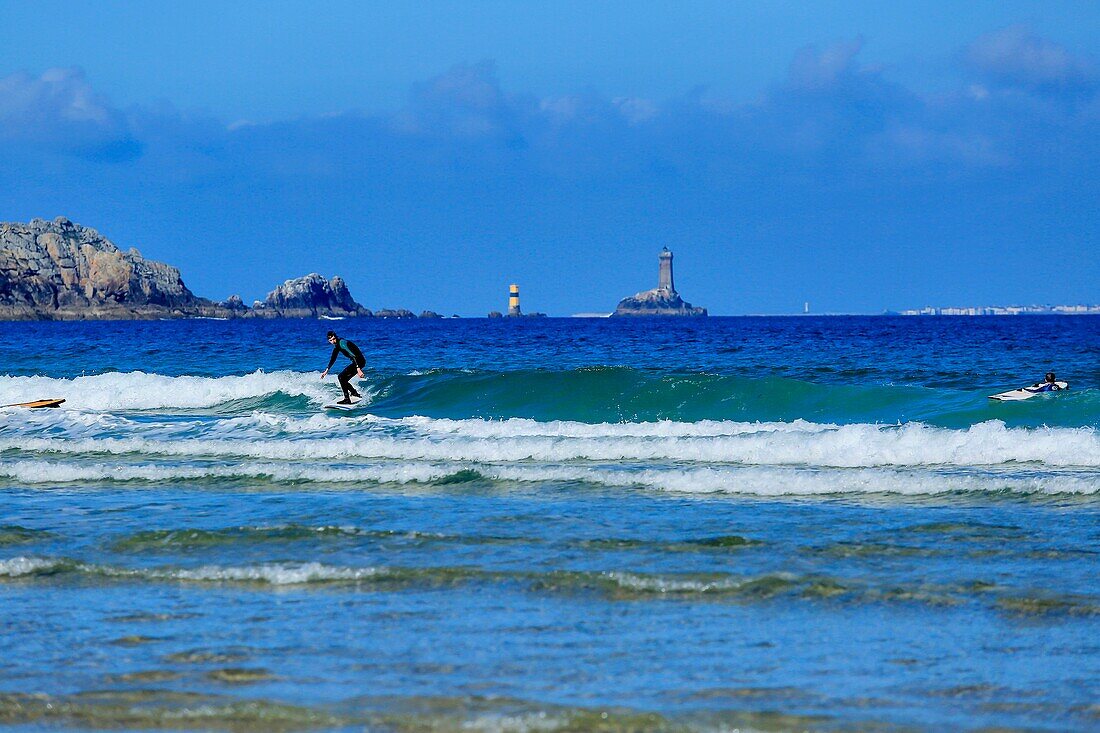 France, Finistere, Iroise, Cape Sizun, Plogoff, Pointe du Raz, Surfer in the Baie des Trepasses, Classified Grand National Site