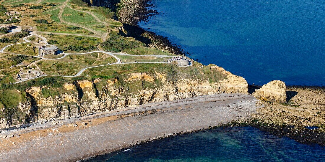 France, Calvados, Cricqueville en Bessin, German fortification at Pointe du Hoc (aerial view)