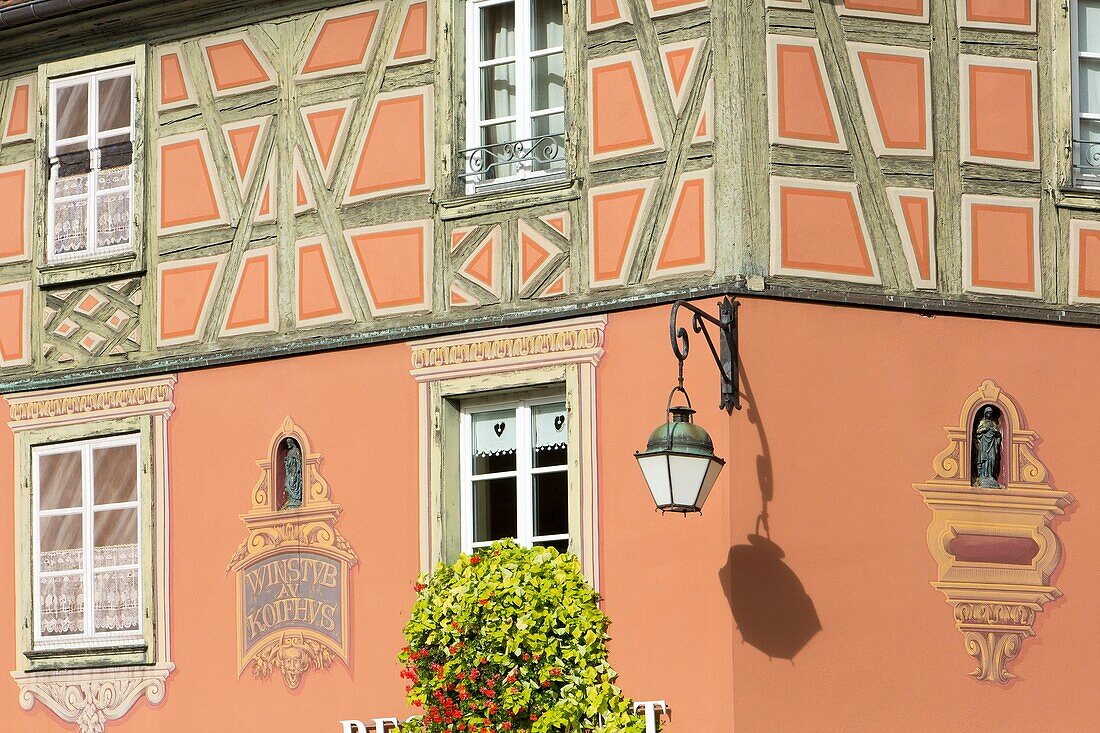 France, Haut Rhin, Route des Vins d'Alsace, Colmar, facade of a half timbered house in trompe l'oeil on Place de l'Ancienne Douane (former custom square)