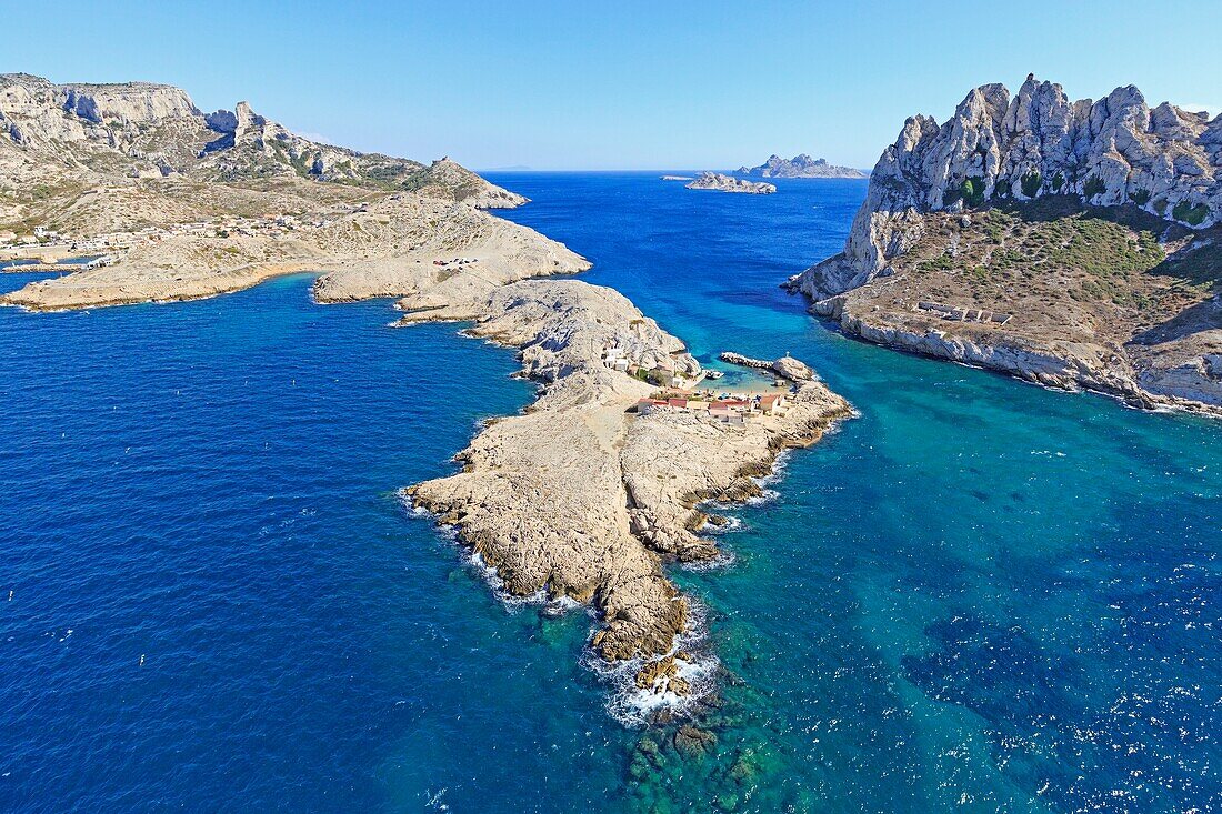 France, Bouches du Rhone, Calanques National Park, Marseille, 8th arrondissement, Cap Croisette, Croisette Pass, Maire Island (aerial view)