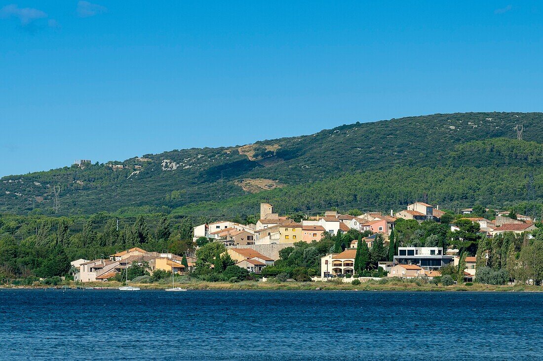 France, Herault, Balaruc-le-Vieux, view of a village with the lagoon of Thau in the foreground