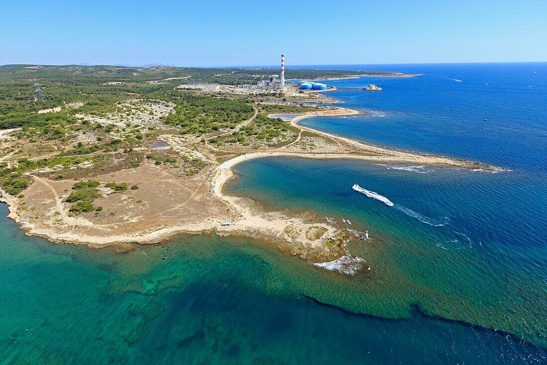 France, Bouches du Rhone, Martigues, Pointe Boucanet and Pointe Mauvais Pays, EDF power station in the background (aerial view)