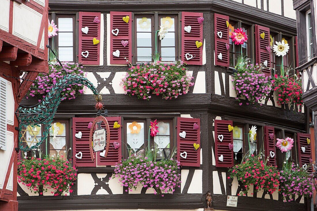 France, Haut Rhin, Route des Vins d'Alsace, Colmar, facade of a traditional house hosting the shop Aux Vieux Pignons located in Marchands Street