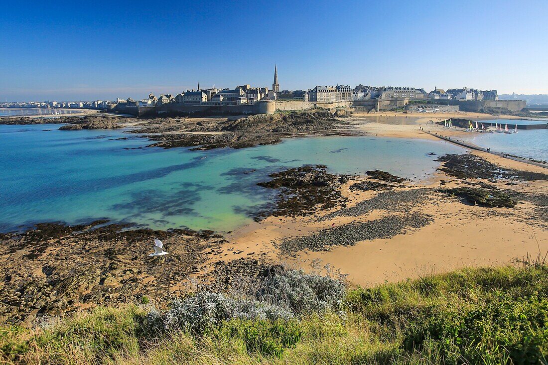 Frankreich, Ille et Vilaine, Smaragdküste, Saint Malo, Pfad zwischen der Insel Grand Be und den Stadtmauern, nur bei Ebbe zugänglich