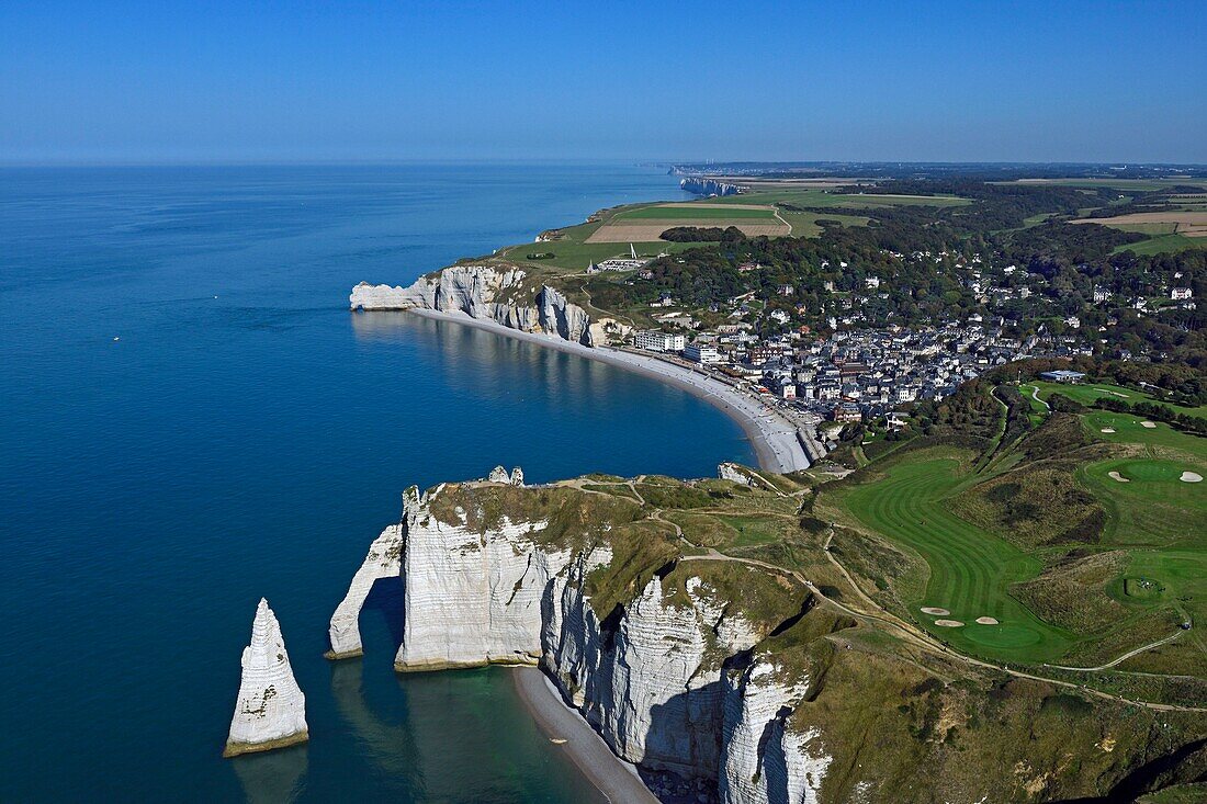 France, Seine Maritime, Etretat, the city, the golf course and the cliffs (aerial view)