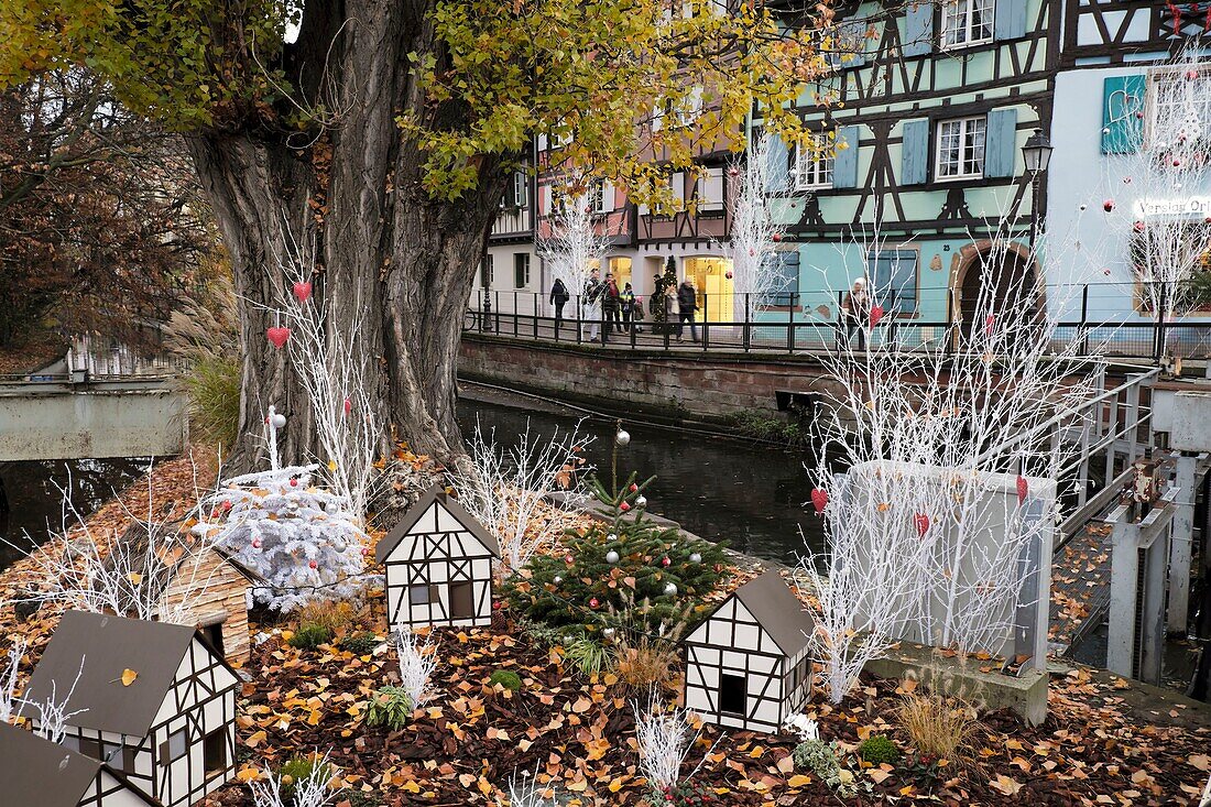 Frankreich, Haut Rhin, Colmar, Petite Venise, quai de la Poissonnerie, Dekorationen während des Weihnachtsmarktes