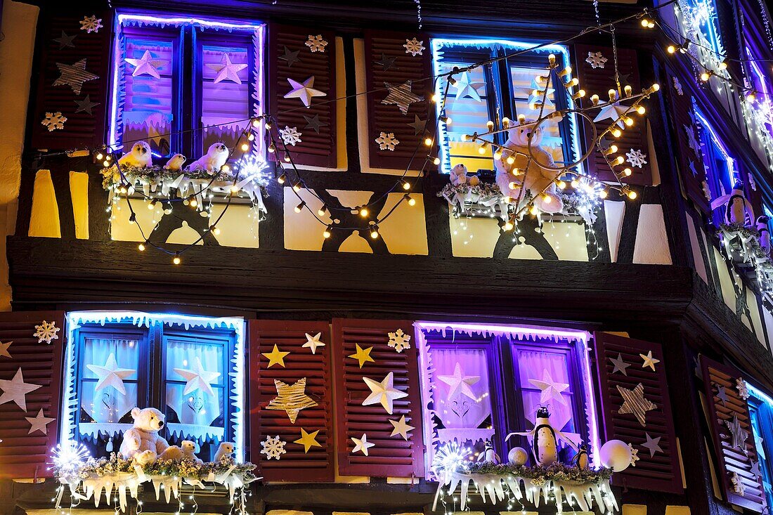 France, Haut Rhin, Colmar, Rue des Marchands, half-timbered houses, windows, illuminations during the Christmas market