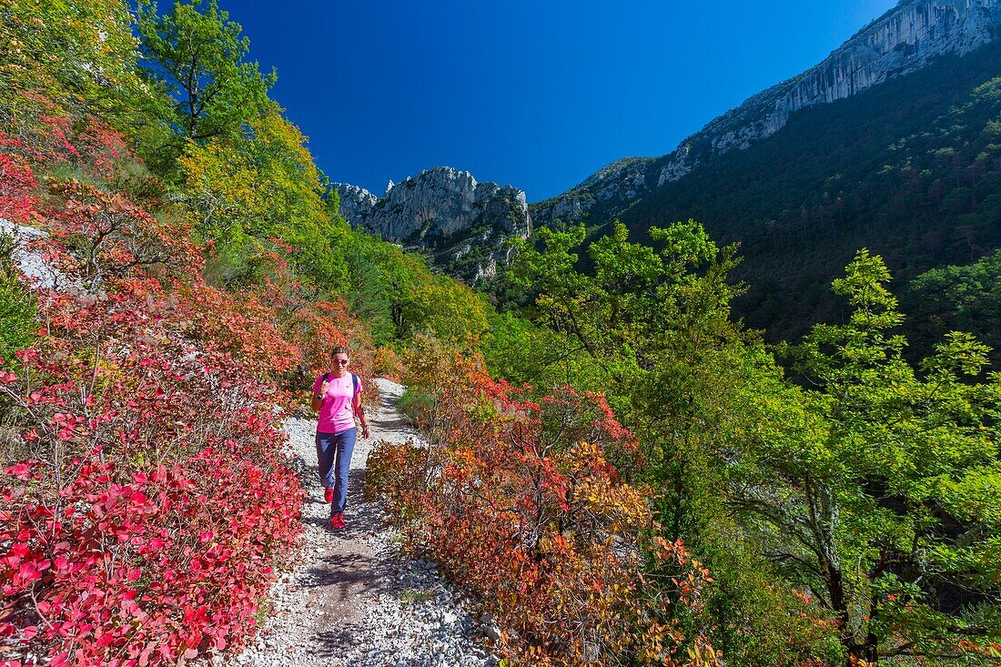 Frankreich, Alpes-de-Haute-Provence, Regionaler Naturpark Verdon, Grand Canyon du Verdon, der Fluss Verdon am Eingang zum Samson-Korridor, vom Wanderweg Blanc-Martel auf dem GR4, Frau beim Wandern