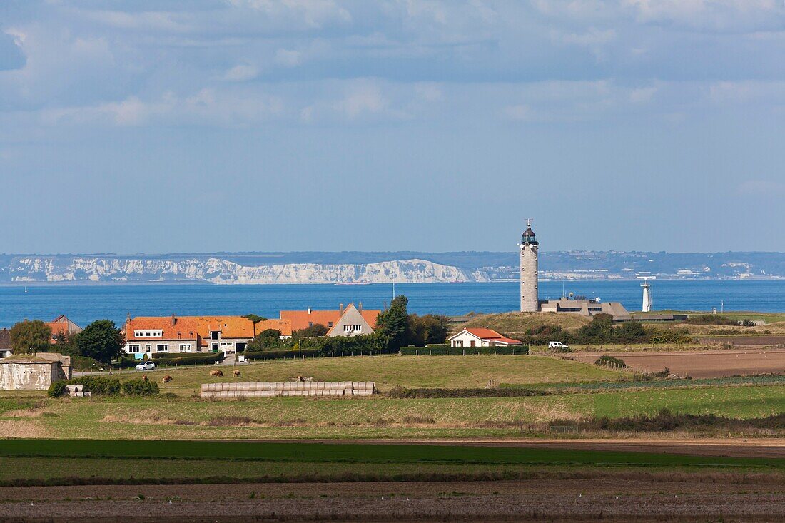 France, Pas de Calais, Cote d'Opale, Audinghen, lighthouse of Cap Gris Nez and english coast distance of only 30 kilometers