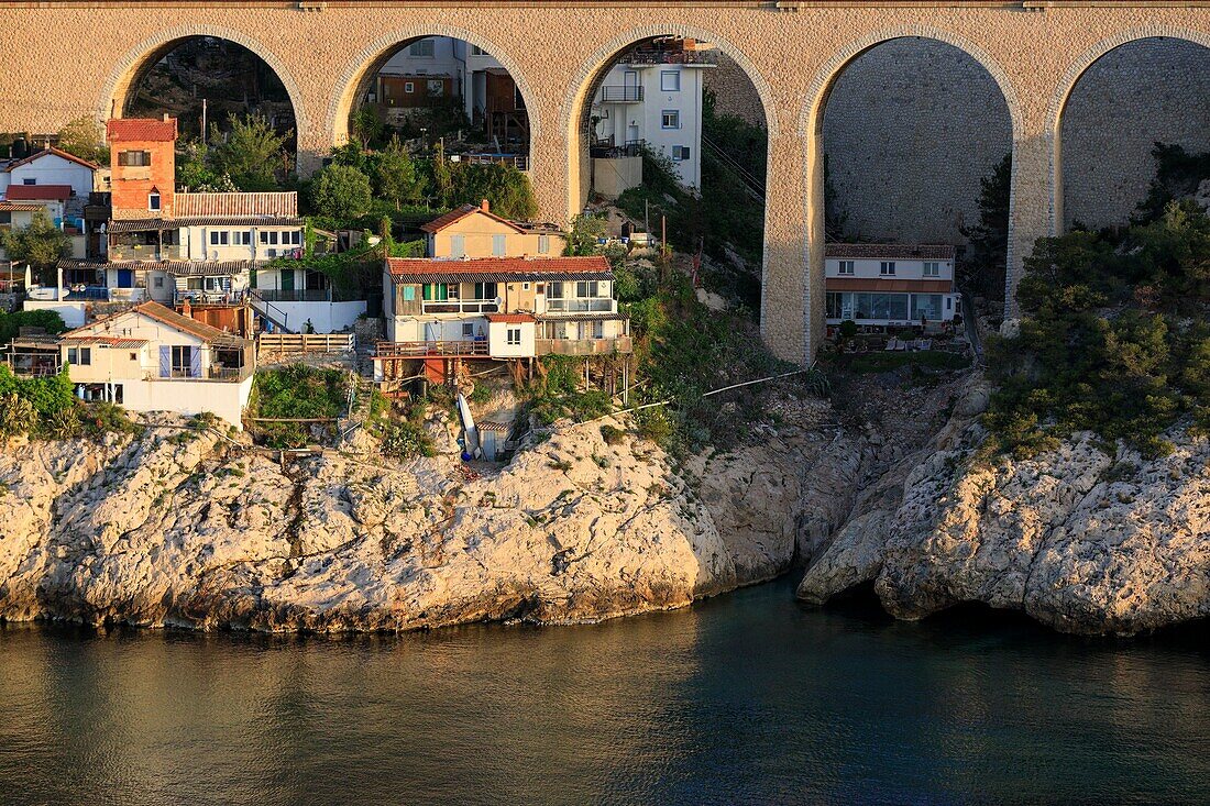 France, Bouches du Rhone, The Blue Coast, Le Rove, estancan cove, the railway bridge (aerial view)