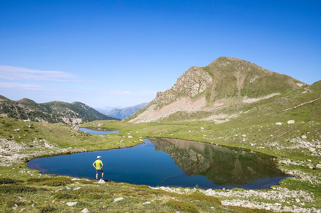 France, Alpes Maritimes, Mercantour National Park, Haute Vésubie, hiking in the Madone of Fenestre Valley, hiker on the edge of the lakes of Prals (2280m)