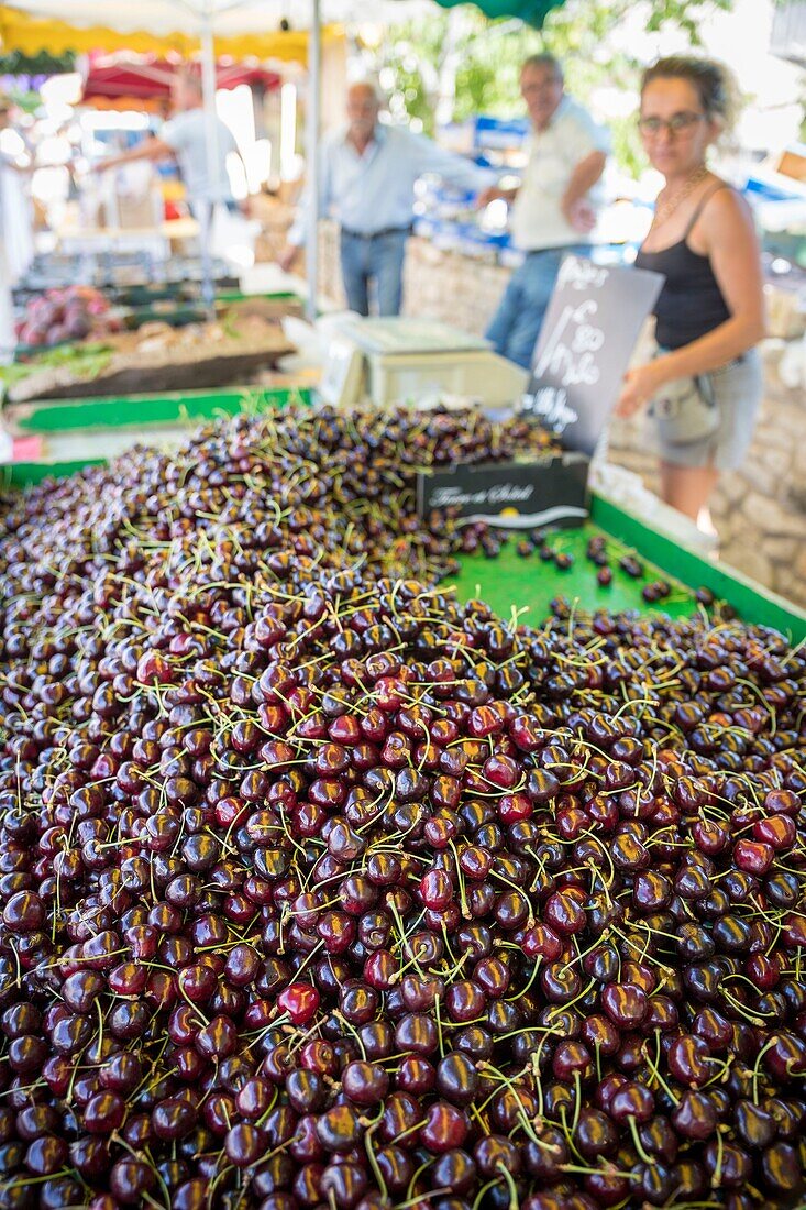 France, Drome, Drome provencale, Ferrassieres, the lavender festival in Ferrassieres, cherry stall