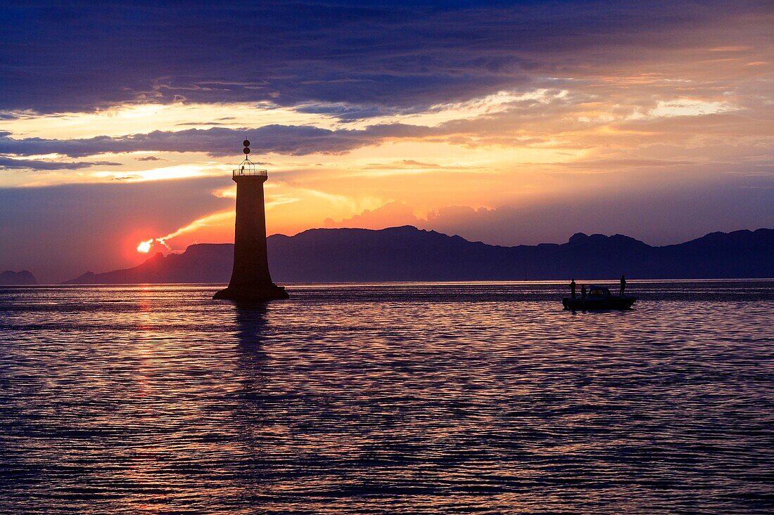 France, Bouches du Rhone, La Ciotat Bay, lighthouse, Cap de l'Aigle in the background