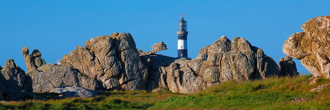 France, Finistere, Ponant Islands, Armorica Regional Nature Park, Iroise Sea, Ouessant Island, Biosphere Reserve (UNESCO), Créac'h Lighthouse behind the Rocks