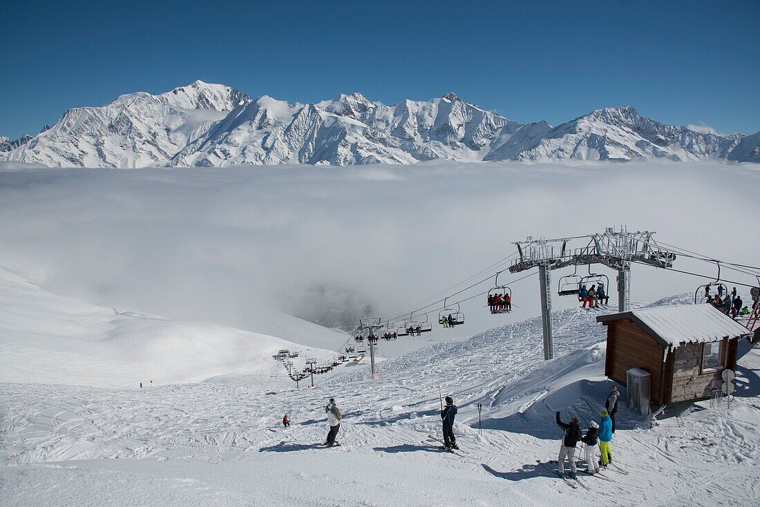 France, Haute Savoie, Massif of the Mont Blanc, the Contamines Montjoie, at the top of the resort, the chairlift of the Needle Croche and Mont Blanc