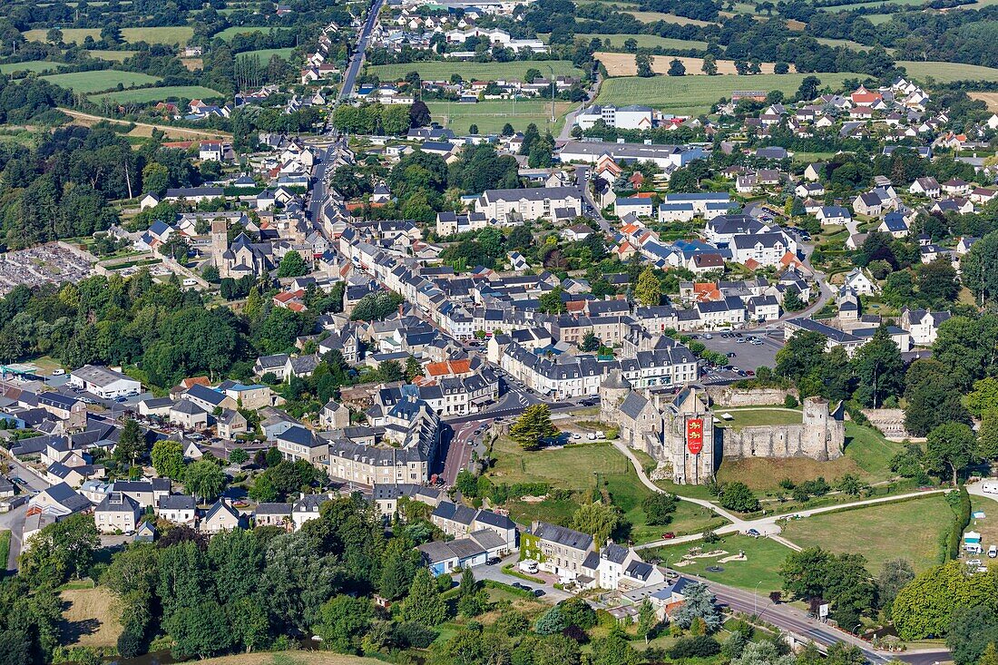 France, Manche, St Sauveur le Vicomte, the village and the fortified castle (aerial view)