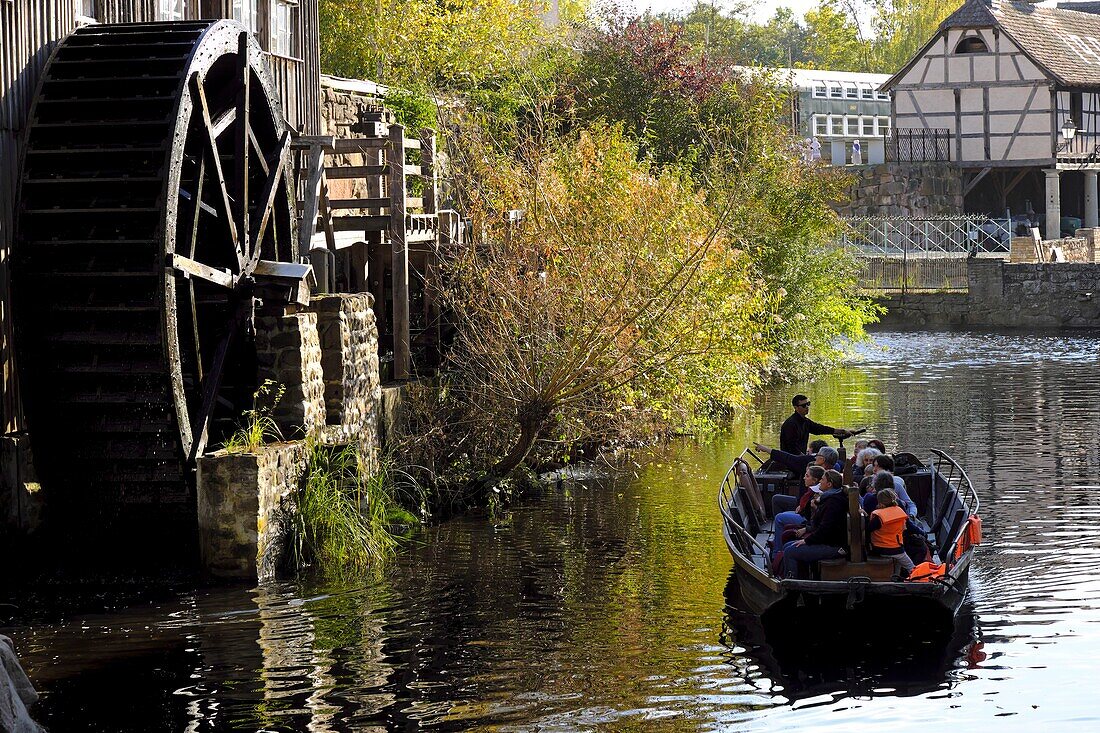 France, Haut Rhin, Ungersheim, Ecomuseum of Alsace, boat trip, sawmill, bucket wheel