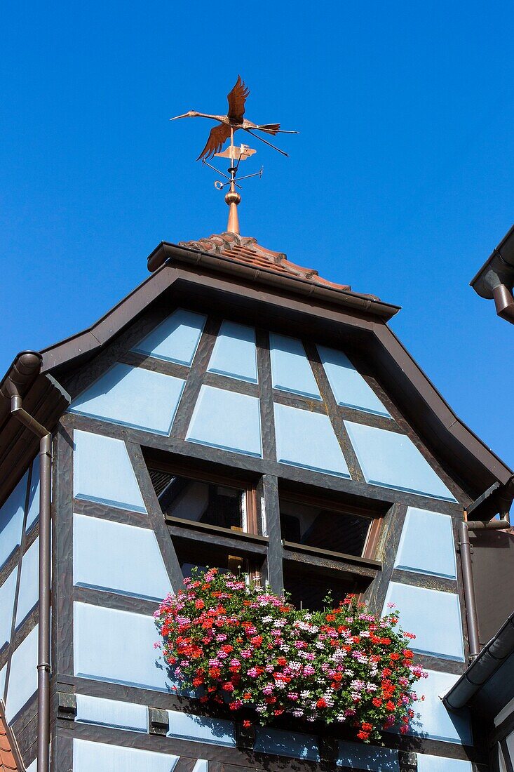 Frankreich, Haut Rhin, Route des Vins d'Alsace, Eguisheim mit der Bezeichnung Les Plus Beaux Villages de France (Eines der schönsten Dörfer Frankreichs), Fassade eines traditionellen Hauses mit einer Wetterfahne, die einen Storch darstellt
