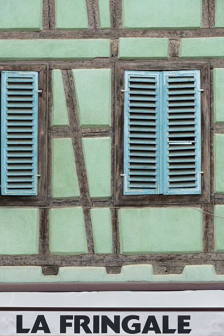 France, Haut Rhin, Route des Vins d'Alsace, Riquewihr labelled Les Plus Beaux Villages de France (One of the Most Beautiful Villages of France), half timbered house facade