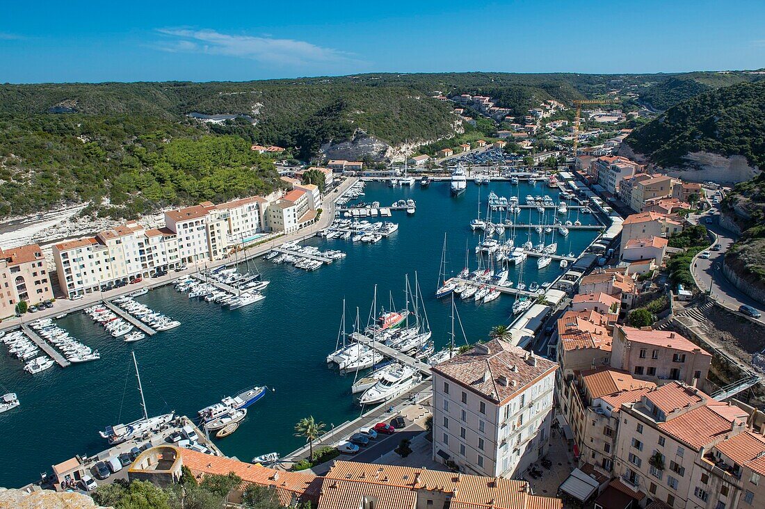 Frankreich, Corse du Sud, Bonifacio, Zitadelle, der Hafen und die niedrige Stadt von den Terrassen des Museums in der Bastion des Etendard aus gesehen