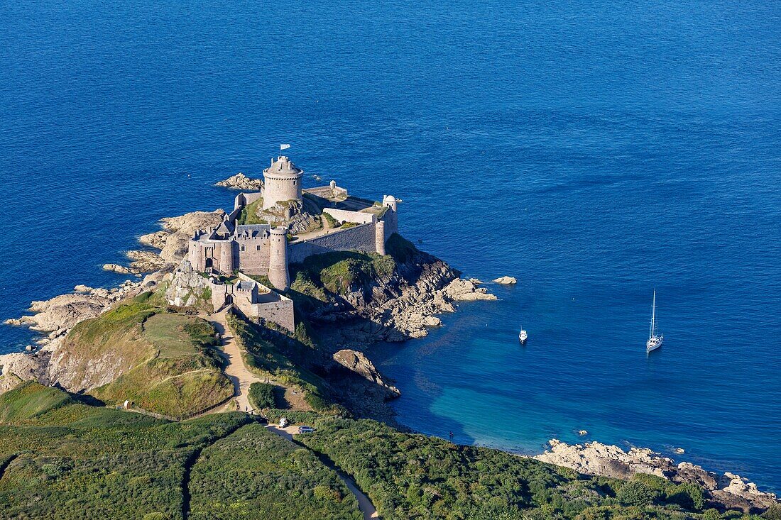 France, Cotes d'Armor, Plevenon, Fort la Latte, fortified castle on the Pointe de la Latte (aerial view)