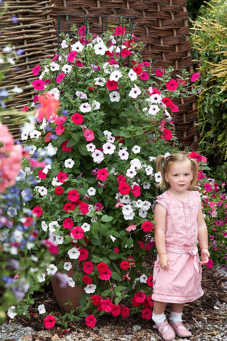 Girl in front of large petunia container