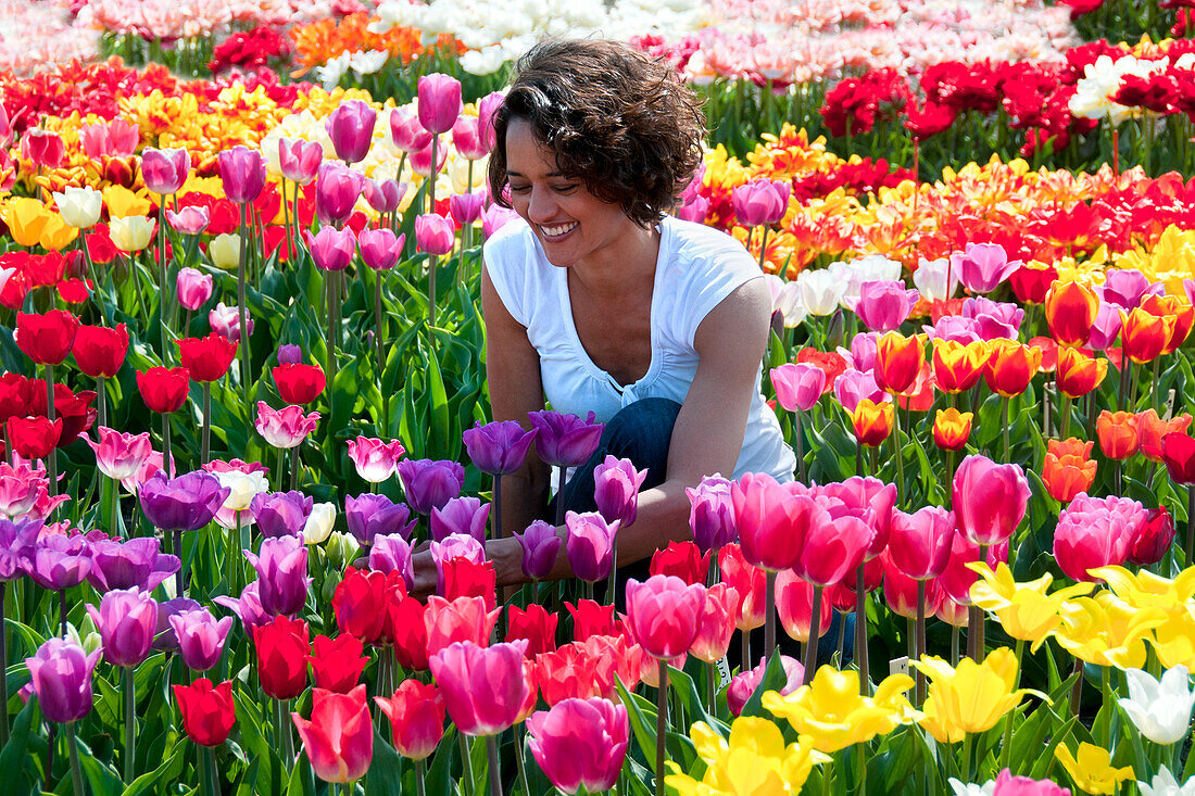 Woman in tulip field