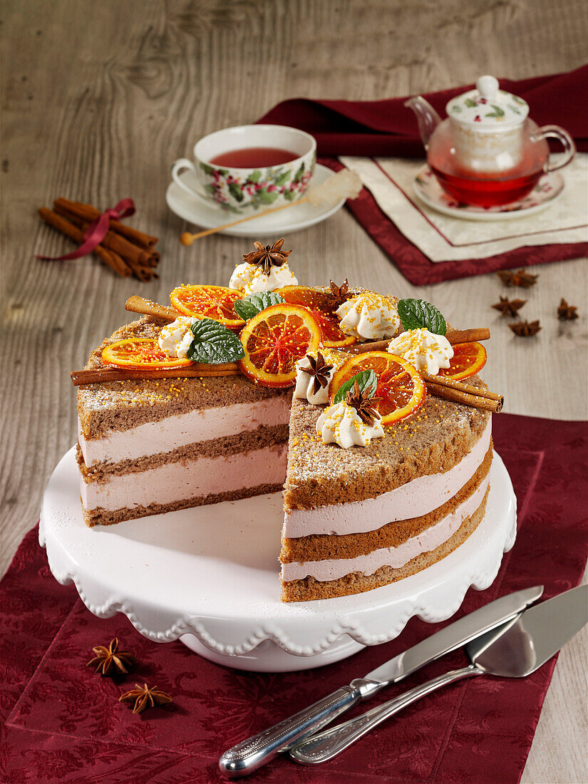 Christmas spiced orange cake with blood orange cream