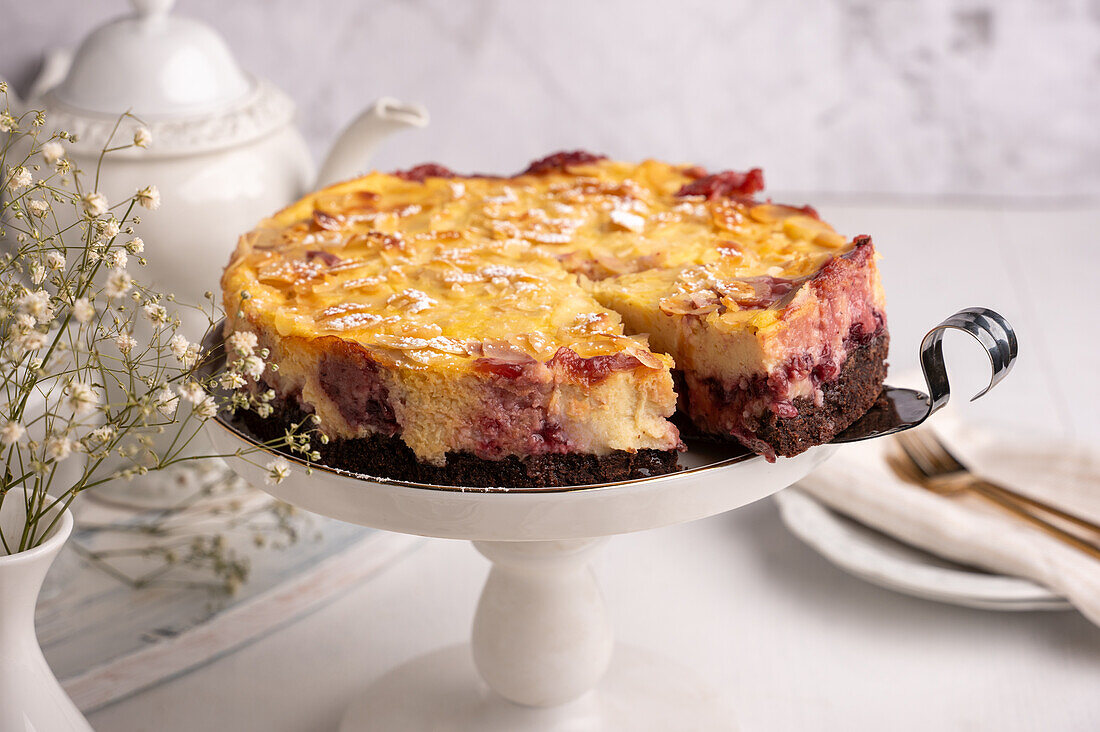 Vegan quark cake with cranberries and almonds