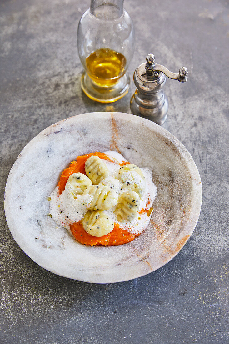 Truffle gnocchi on pumpkin puree