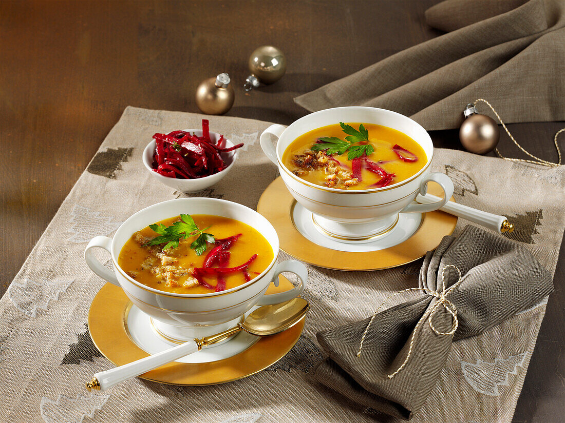 Pumpkin and apple soup with beetroot