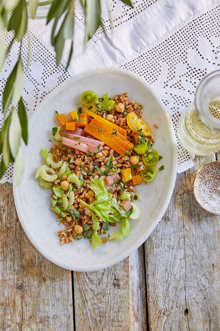 Insalata di Farro with chickpeas, celery and yellow beetroot