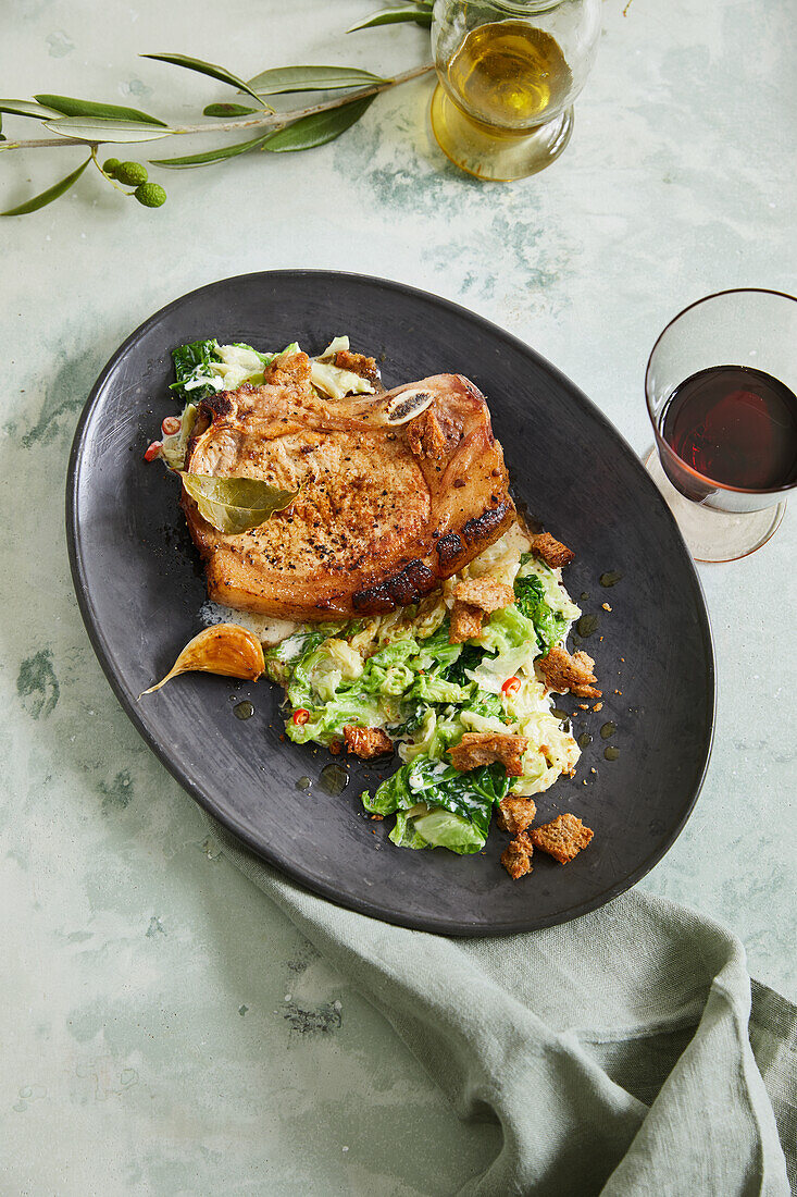 Pork chops with savoy cabbage vegetables