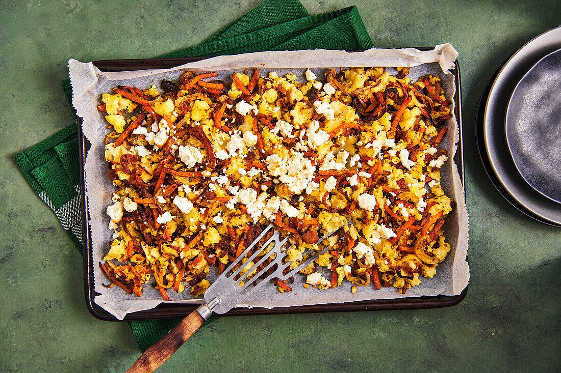 Roasted vegetables from the tray with feta