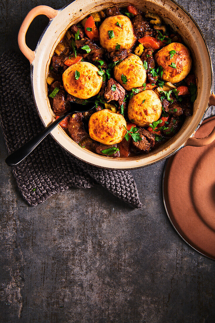 Irish beef stew with cheese dumplings