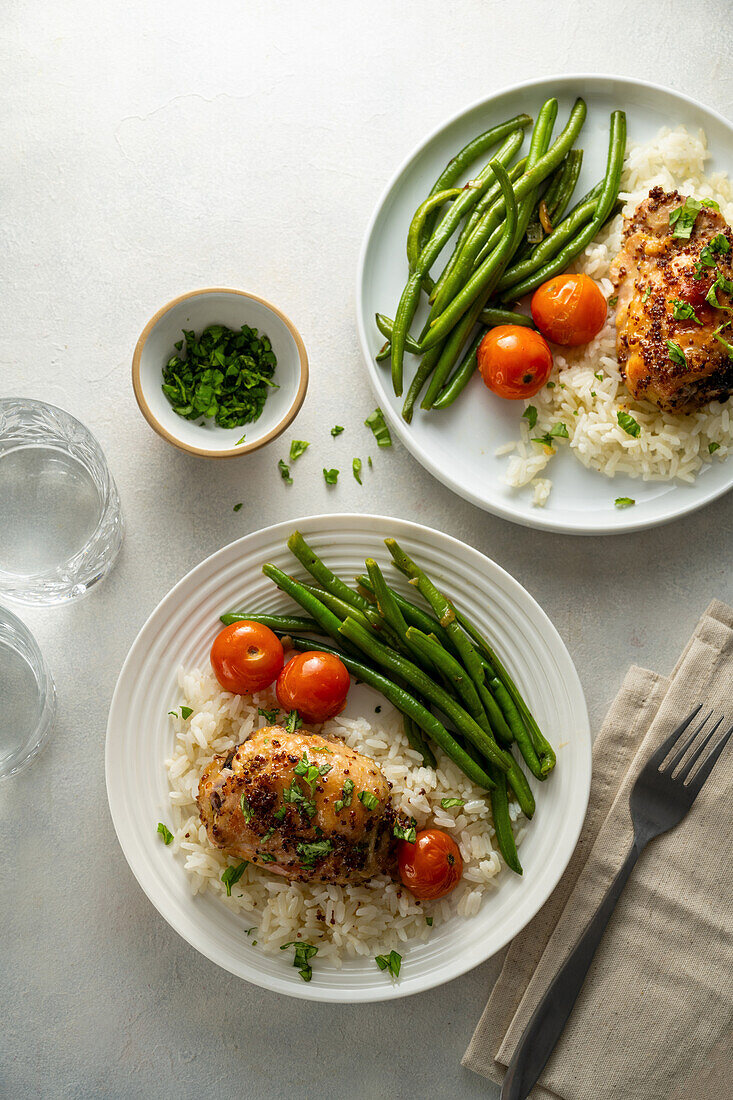 Honey Dijon chicken with rice and green beans