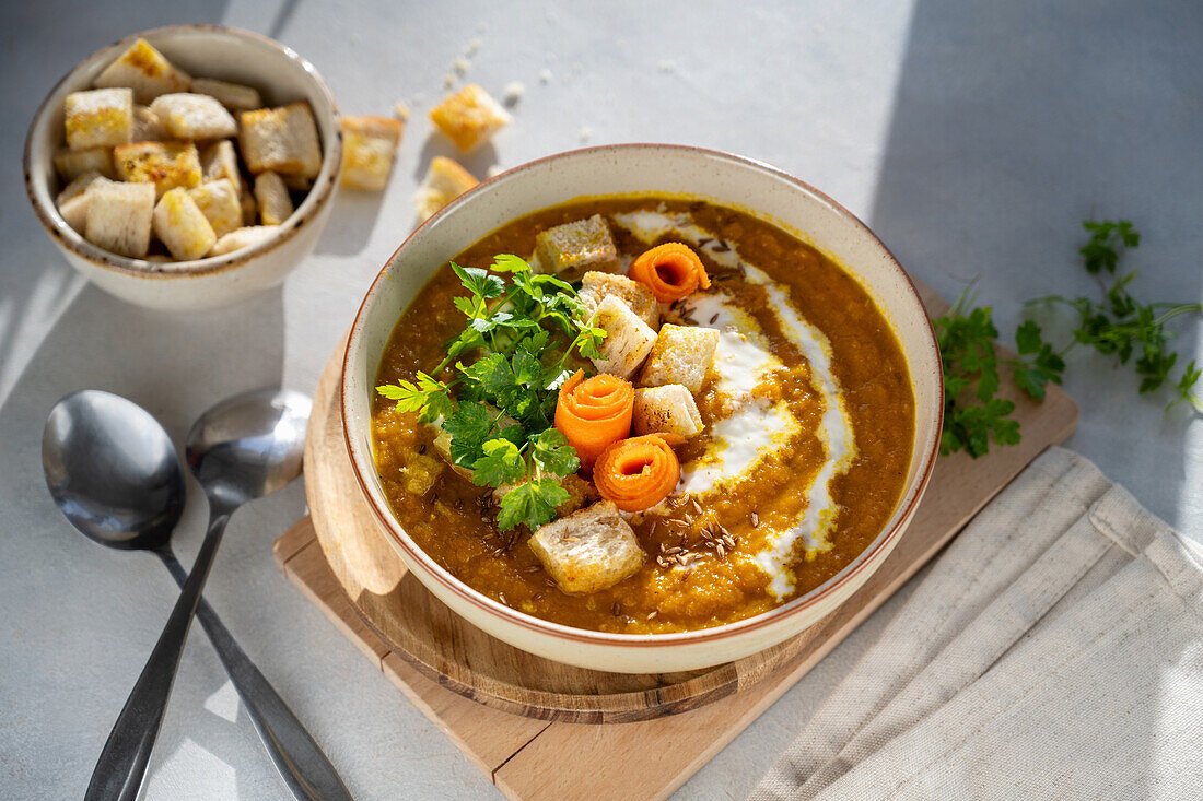 Creamy carrot soup with croutons