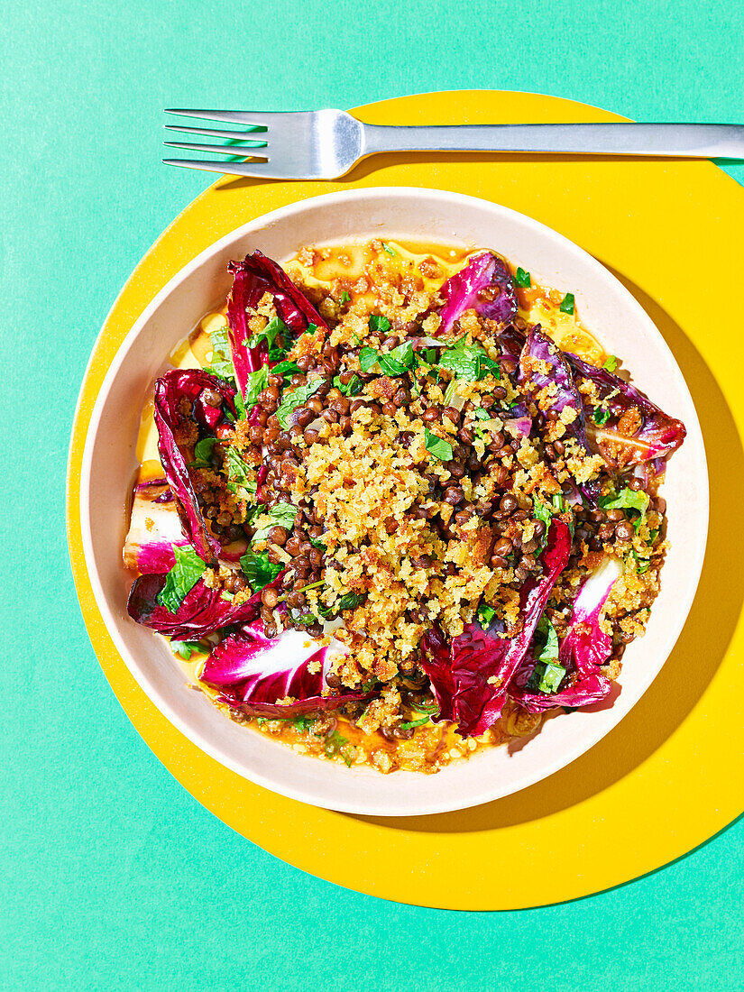Sweet and sour radicchio with toasted crumbs and herb lentils