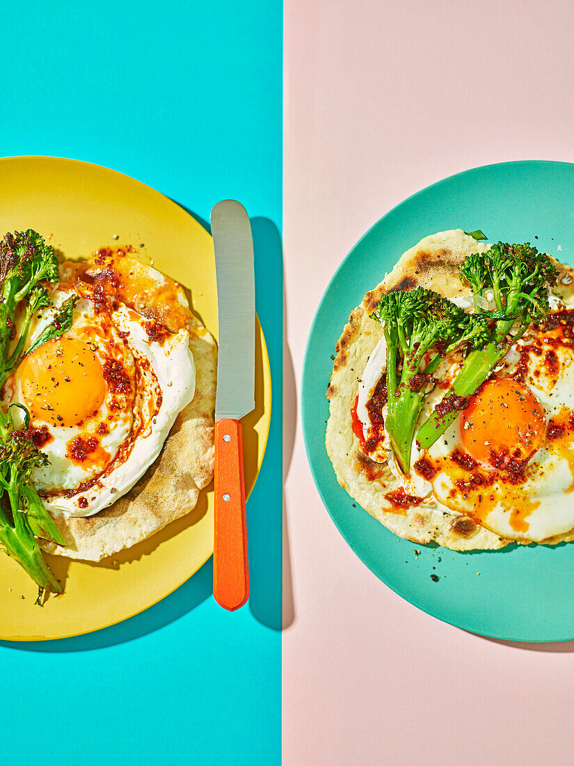 Harissa broccoli on flatbread with fried eggs