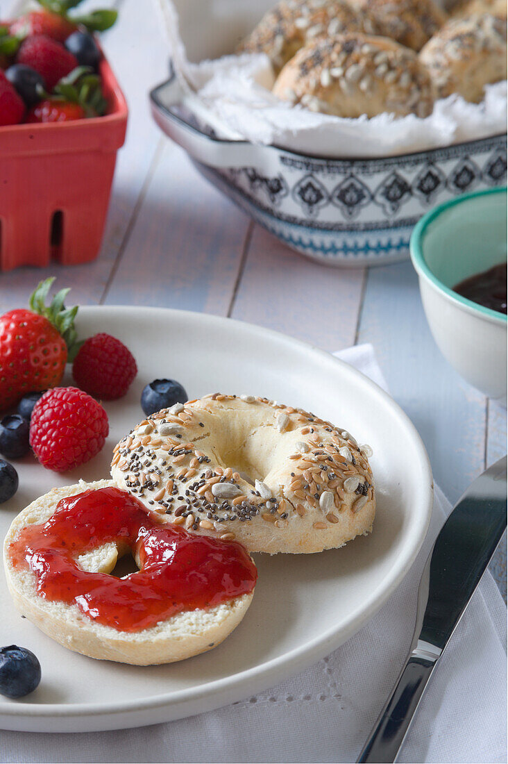 Vegan bagel with strawberry jam