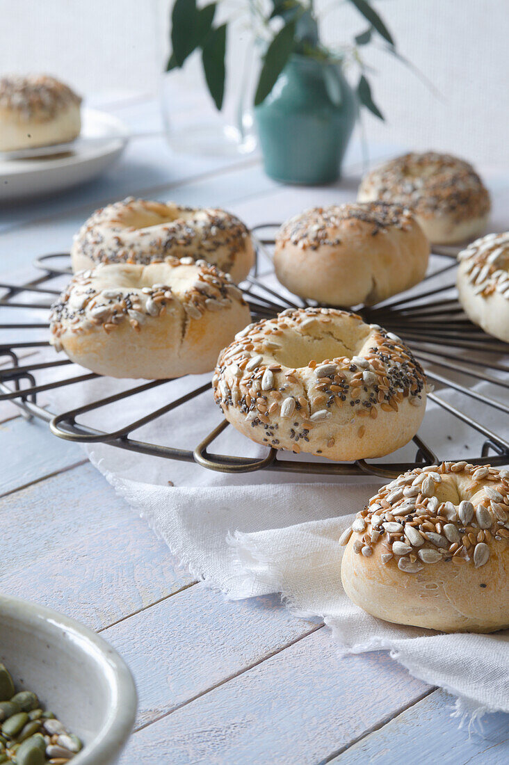 Vegan bagel with seeds and kernels