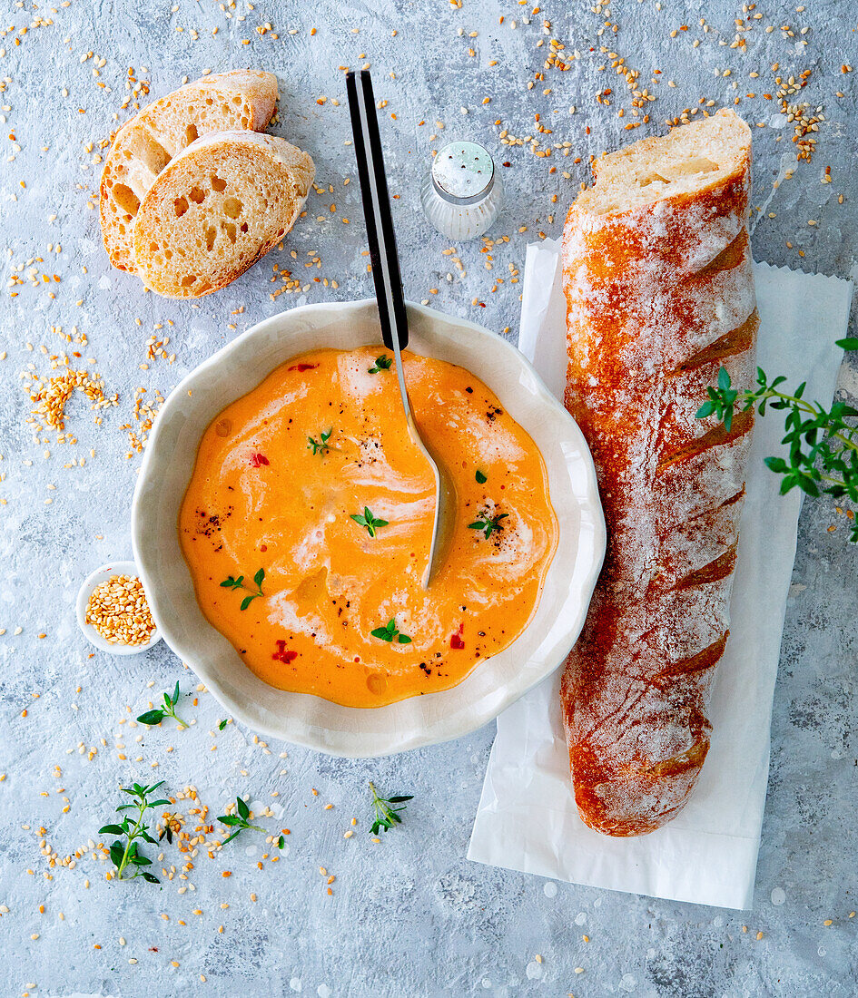 Cream of tomato soup with thyme