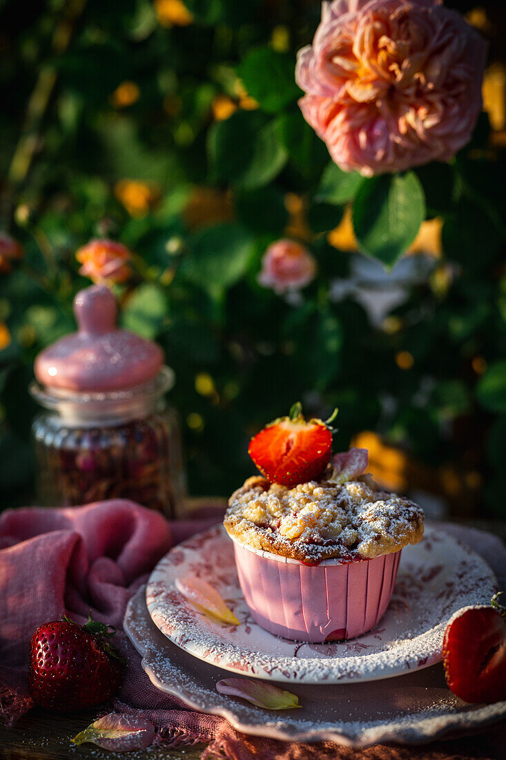 Cupcake with strawberries, rose petals and crumble