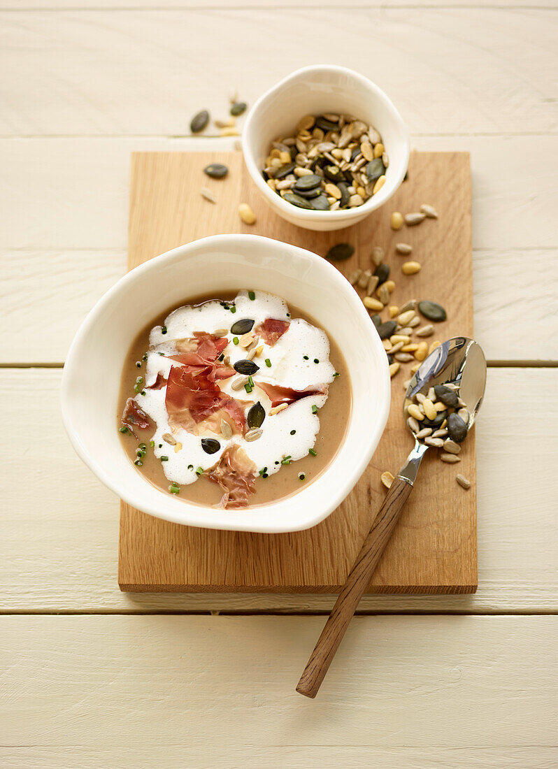 Chestnut soup with Parma ham and cream