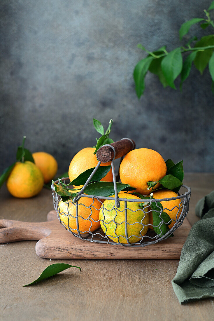 Fresh mandarins and oranges with leaves in wire basket