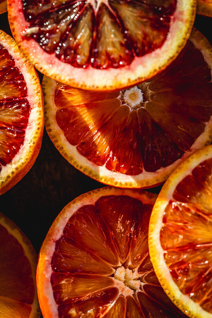 Close-up of blood oranges in slices