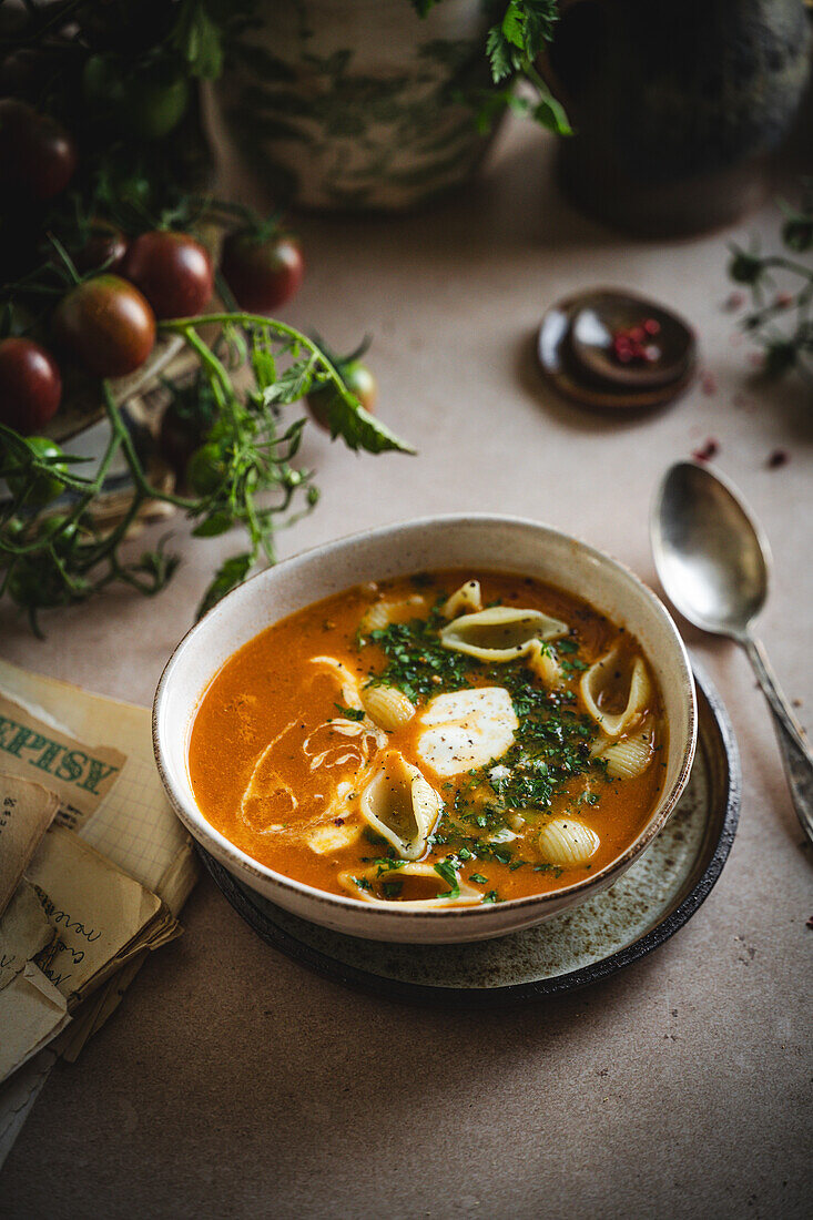 Cherry tomato soup with clam noodles, cream and parsley