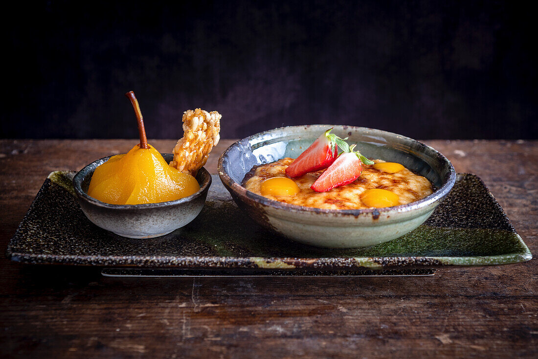 Indian rice pudding and poached pear